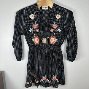 Savanna Jane Womens 1X Black Polka Dot Embroidered Floral Mini Dress Long Sleeve